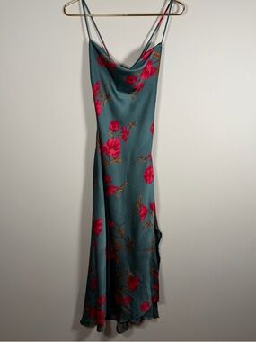 ASTR the Label Gaia Floral Teal Raspberry Satin Slip Midi Dress Slit Sz M